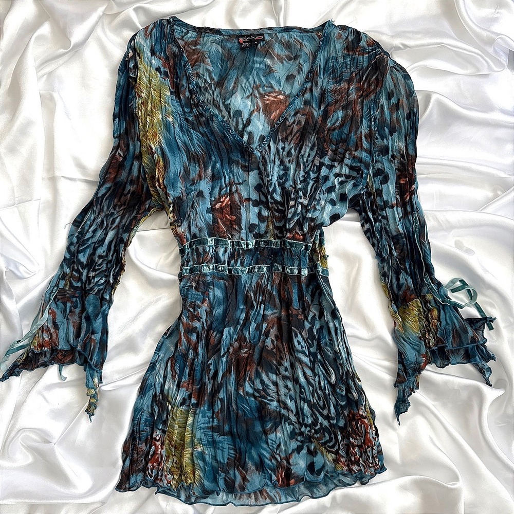 Piano Women Blue Abstract Animal Print Sheer Mesh Tunic Bell Sleeve V-Neck Top S